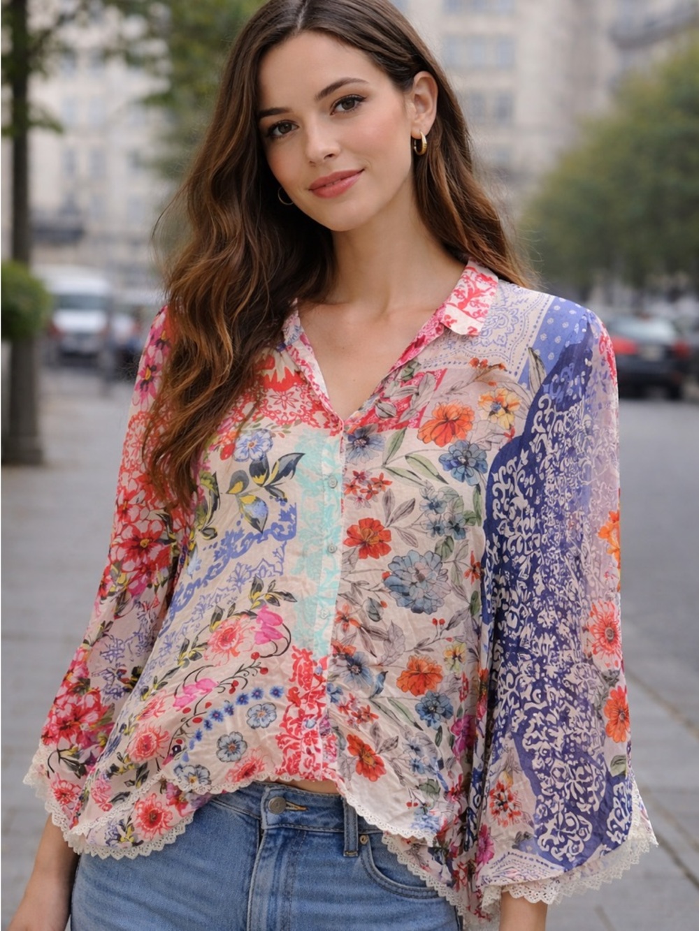 Johnny Was Blue Silk Blouse with Paisley Trim, Blue & Red & Floral Print.